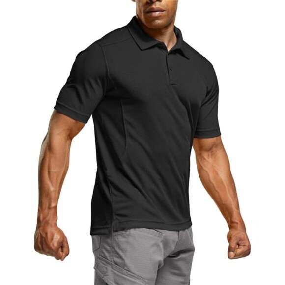 Men's Black Polo Shirts, Tactical Short Sleeve‎ Golf Performance Sports T-Shirts - Picture 1 of 7
